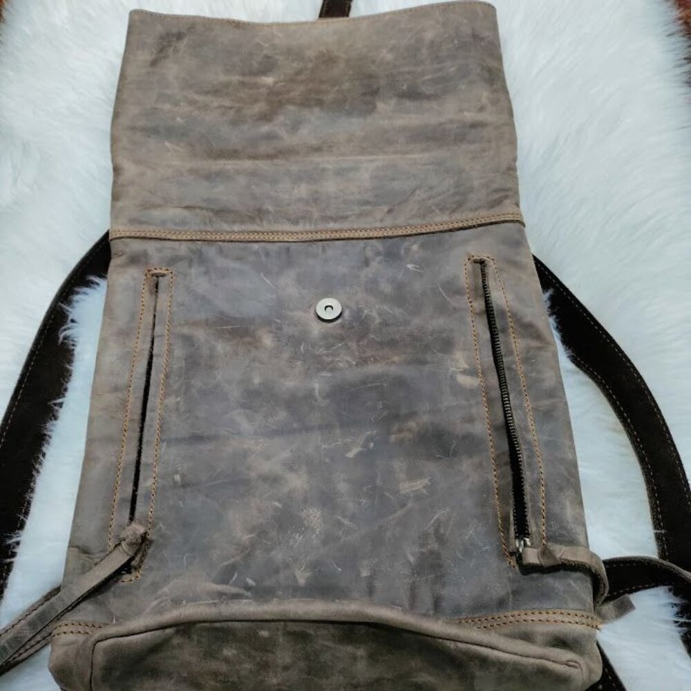 Vintage Brown Rugged Canvas Leather Roll Top Closure Adjustable Straps Backpack - Picture 5 of 10